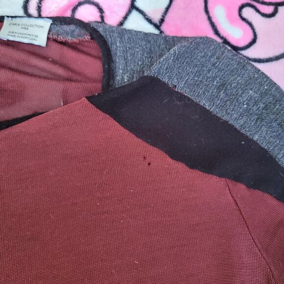 Size Medium Zara Collection Burgundy Two Toned Unique Mesh Layering Preppy Top - Picture 3 of 7